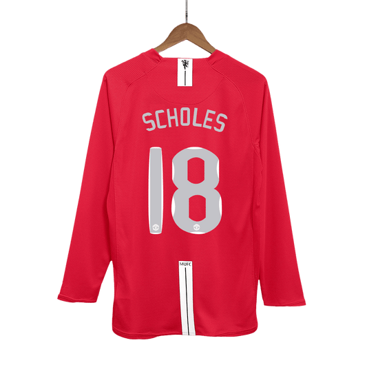 Tricouri Fotbal Vintage Manchester United SCHOLES #18 Acasă 2007/08 Mânecă Lungă - UCL Final